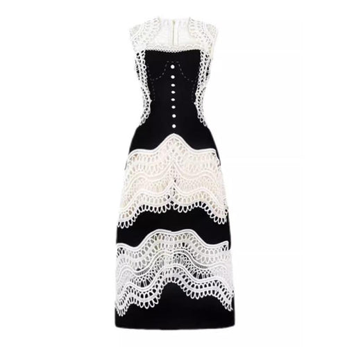 Load image into Gallery viewer, Colorblock Slim Lace Dresses For Women Slash Neck Sleeveless High Waist Casual A Line Midi Dress Female Summer
