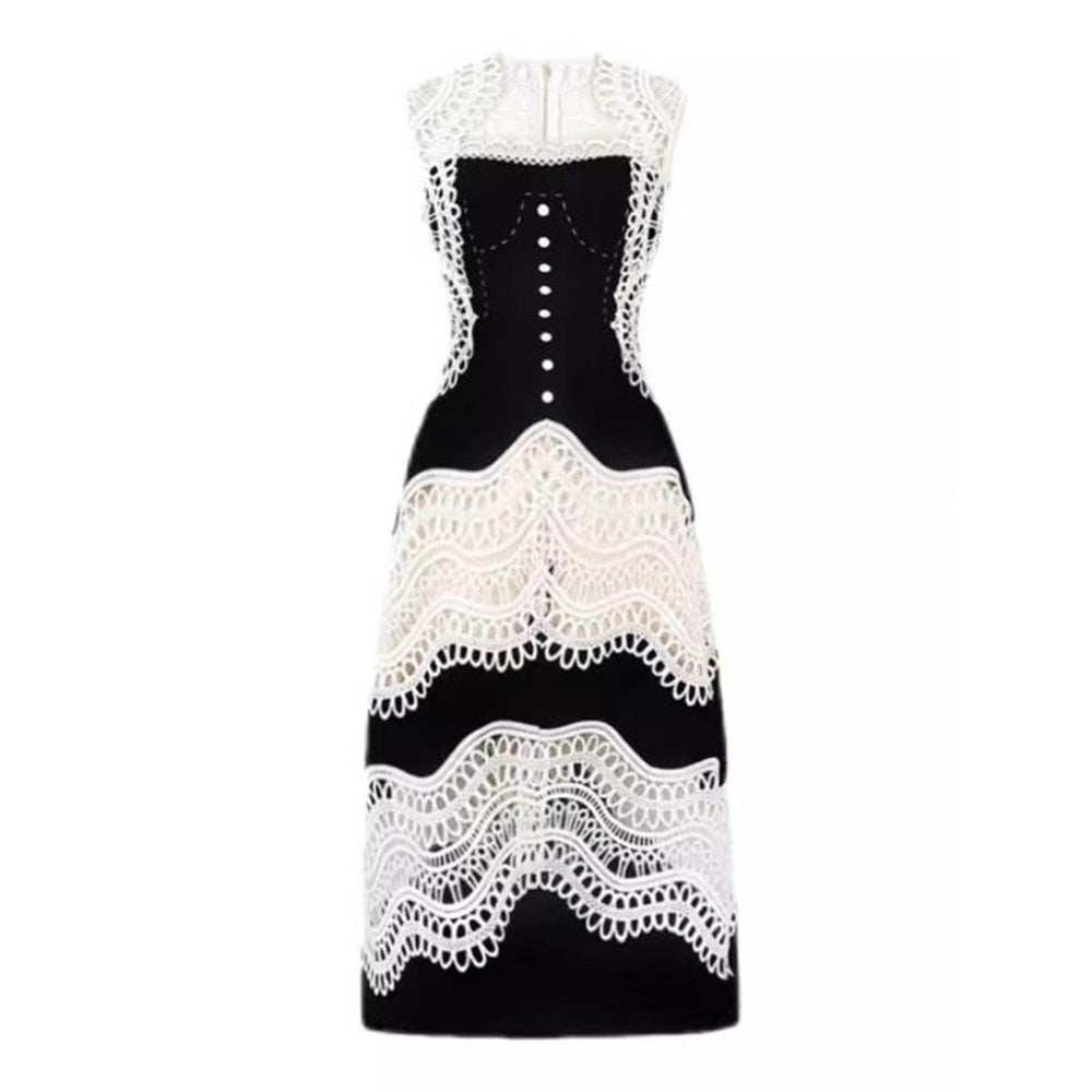 Colorblock Slim Lace Dresses For Women Slash Neck Sleeveless High Waist Casual A Line Midi Dress Female Summer