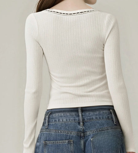 y2k Lace Patchwork Tops Women Stylish Contrast Trim V Neck Long Sleeve Knitted Crop T Shirts 2000s Clothing Streetwear