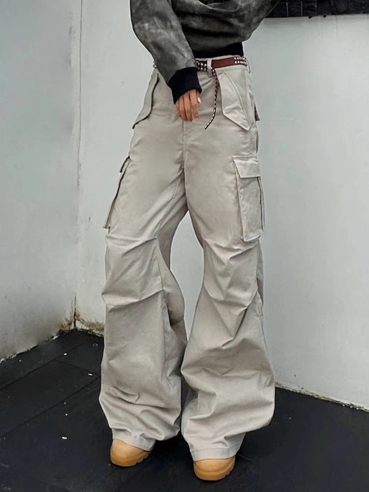 Solid Patchwork Pockets Safari Style Pants For Women High Waist Spliced Button Loose Cargo Pant Female Fashion