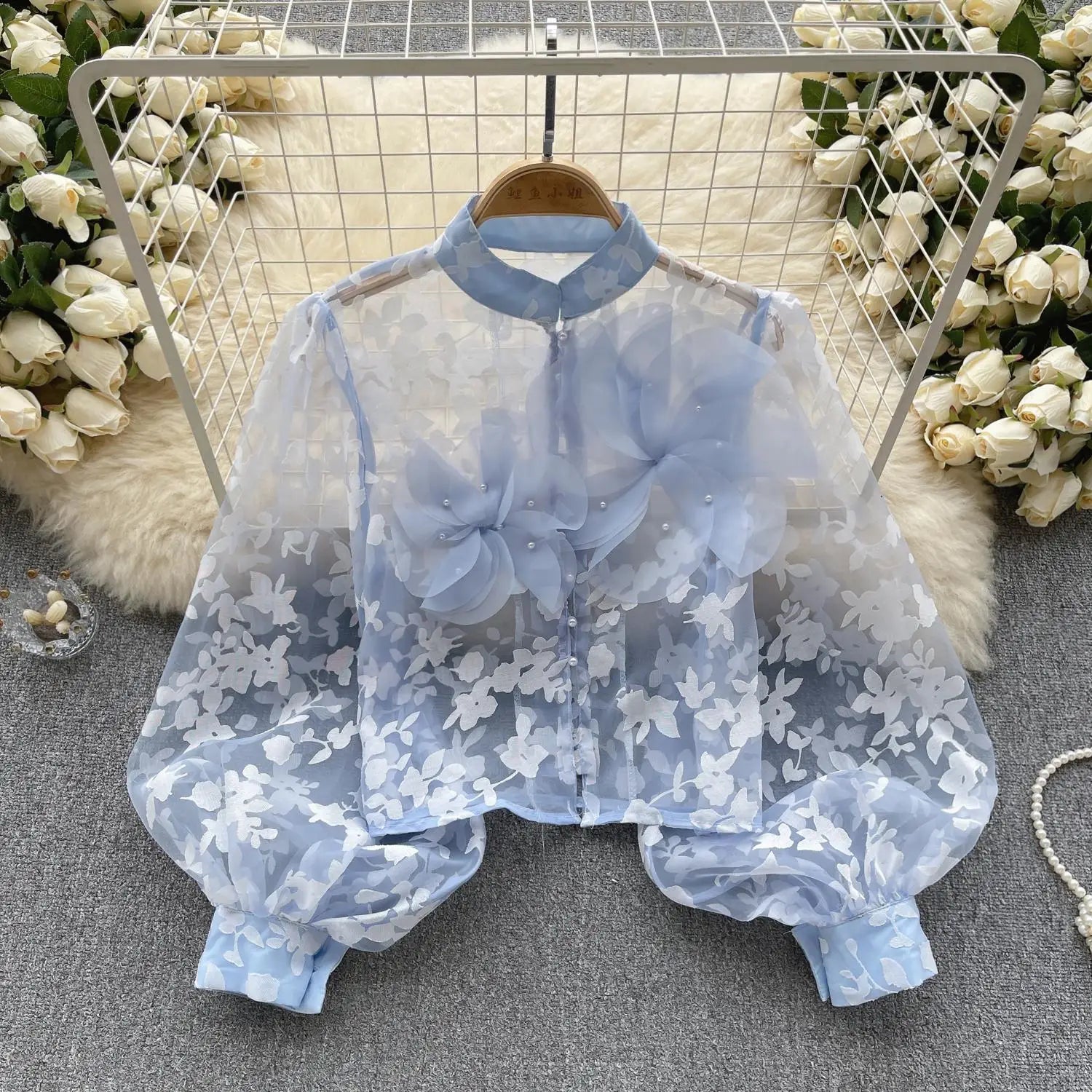 Autumn Women French Retro Mesh 3d Flower Design Blouse Long Sleeve 2023 Elegant Holiday Print Single Breasted Shirt Romantic Y2k