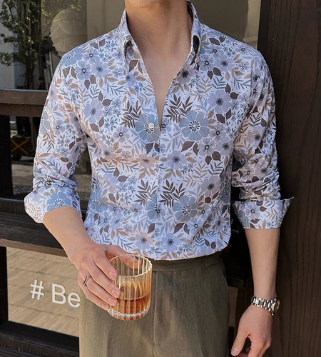 Men's Long Sleeved Printed Shirt Turn-down Collar Casual Stylish Single Breasted Style Male Handsome Clothing 9W1649