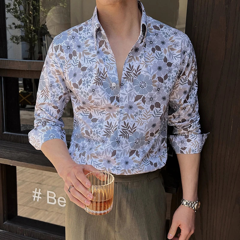 Men's Long Sleeved Printed Shirt Turn-down Collar Casual Stylish Single Breasted Style Male Handsome Clothing 9W1649