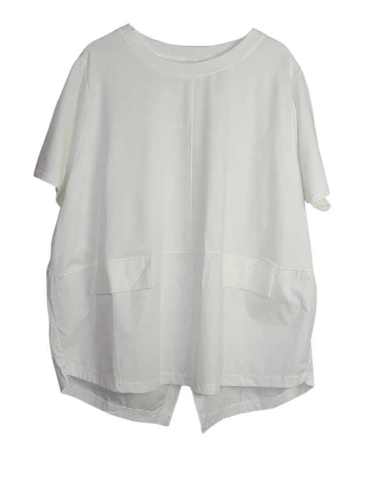 Women Black Irregular Spliced Big Size Casual T-shirt New Round Neck Short Sleeve Fashion Tide Spring Summer 2025 1DJ0488