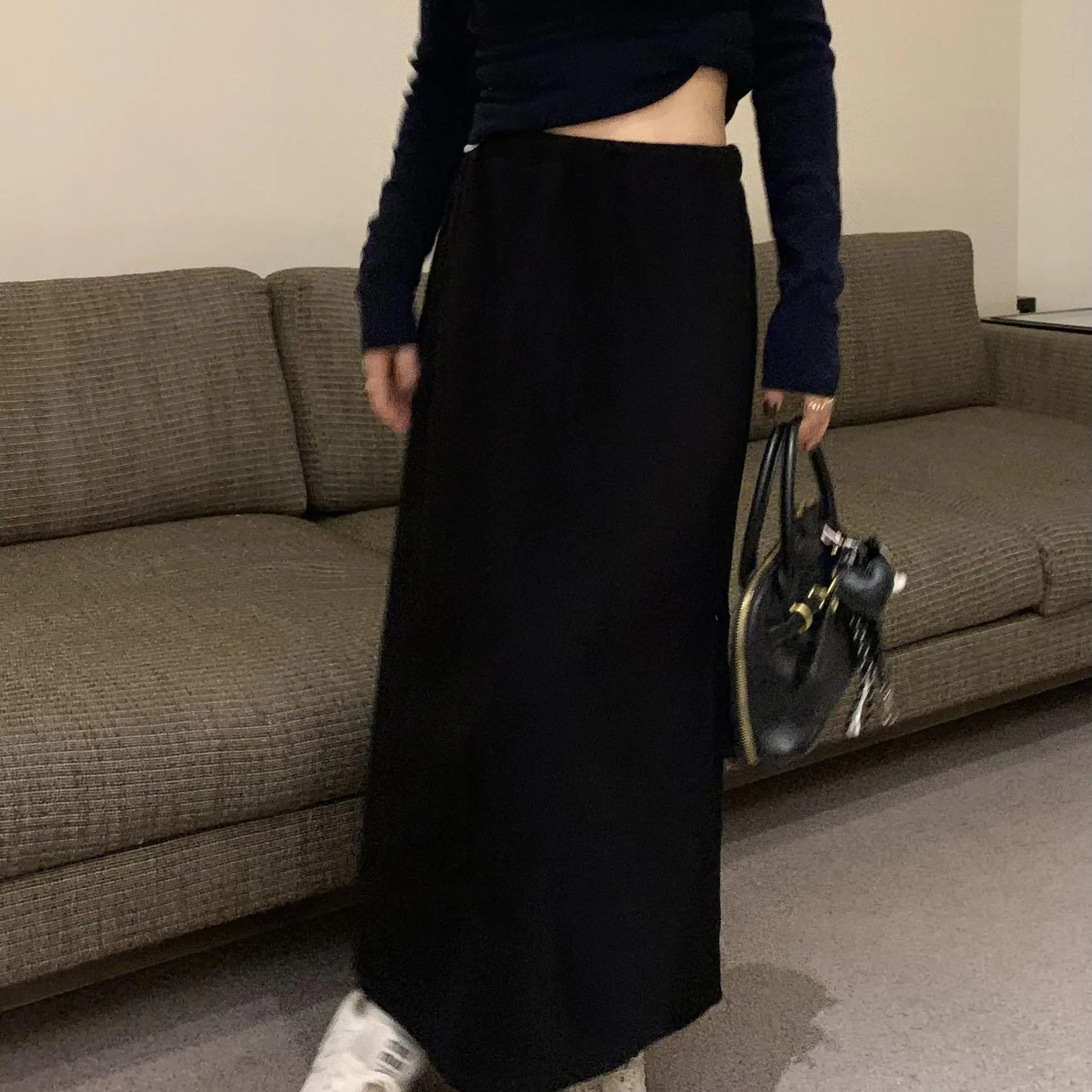 Autumn Winter New Solid Velvet High Waist Long Skirt Women Korean Fashion Elegant Vacation Drawstring Lace-up A-line Thick Skirt