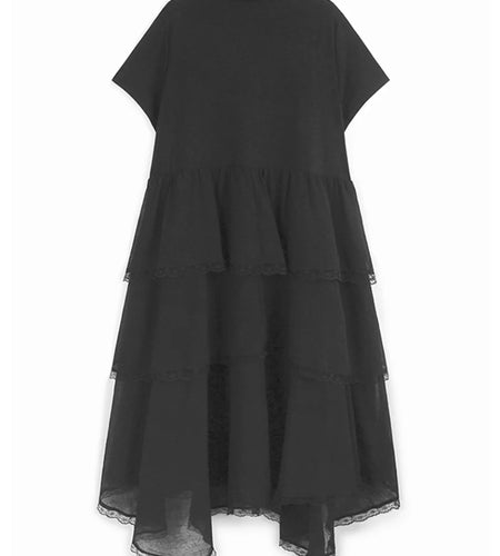 Women Black Flower Pearl Big Size Elegant Lace Midi Dress New V-Neck Short Sleeve Fashion Tide Spring Summer 2025 1DJ1419