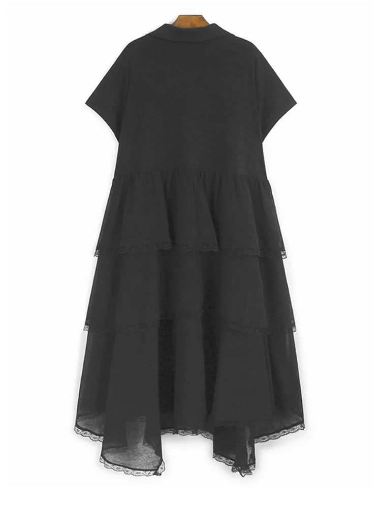 Women Black Flower Pearl Big Size Elegant Lace Midi Dress New V-Neck Short Sleeve Fashion Tide Spring Summer 2025 1DJ1419