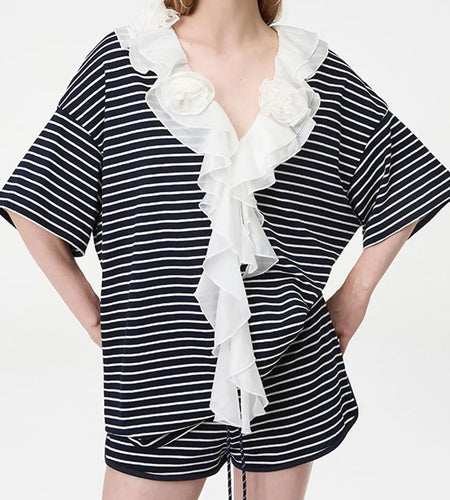 Loose Spliced Striped Two Piece Sets for Women V Neck Short Sleeves Patchwork Fungus Folds Top Short Set Female New