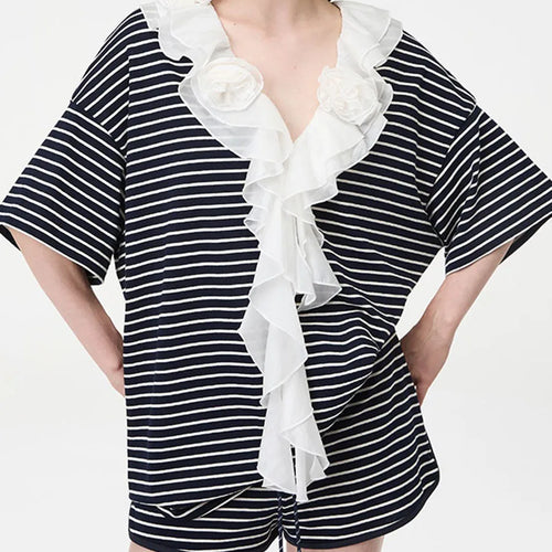 Load image into Gallery viewer, Loose Spliced Striped Two Piece Sets for Women V Neck Short Sleeves Patchwork Fungus Folds Top Short Set Female New
