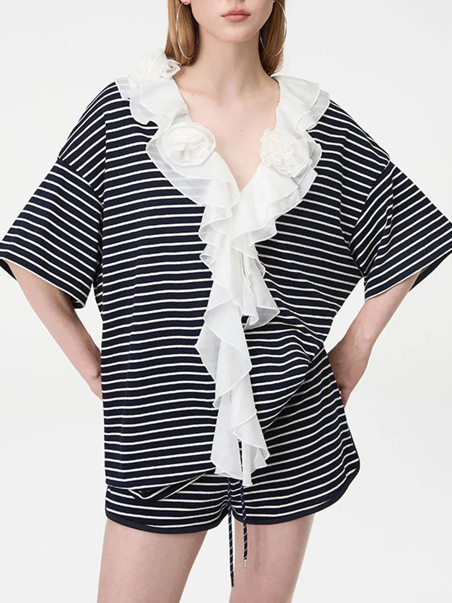 Loose Spliced Striped Two Piece Sets for Women V Neck Short Sleeves Patchwork Fungus Folds Top Short Set Female New