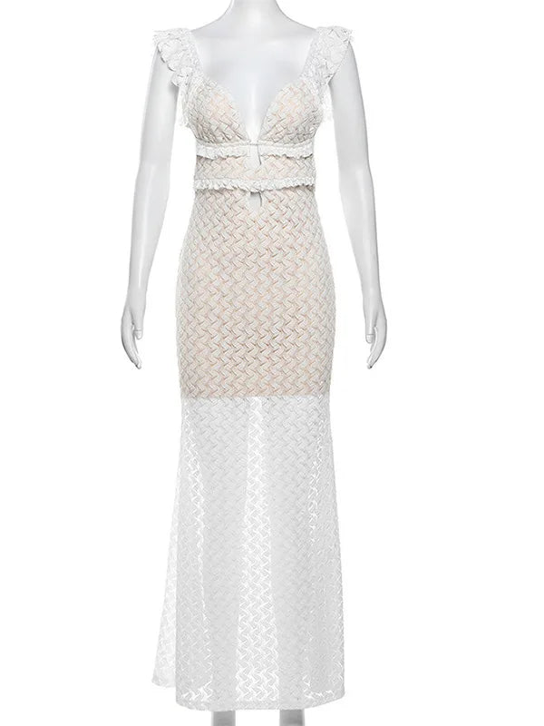 Elegant Sleeveless Lace Up Hollow Out Bodycon Women Dress 2024 Fall New V-neck Backless Party Evening Dress Slim Vestido