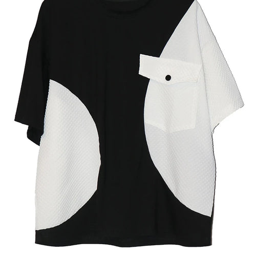 Load image into Gallery viewer, Women Black Splice Color-block Big Size Casual T-shirt New Round Neck Short Sleeve Fashion Tide Spring Summer 2025 1DJ0603
