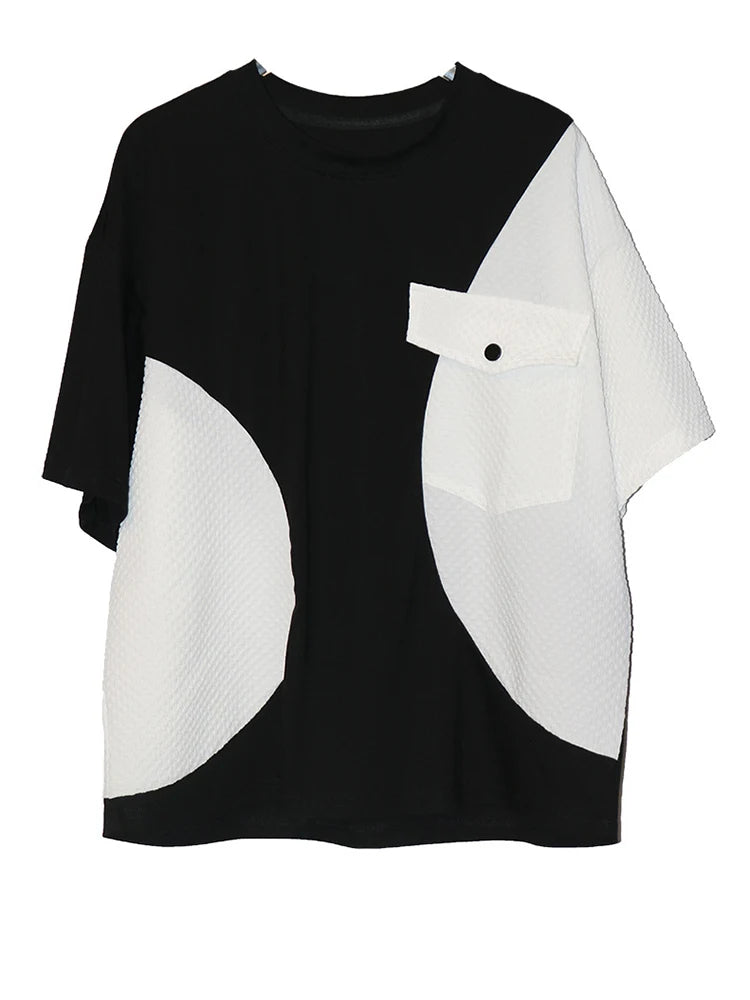 Women Black Splice Color-block Big Size Casual T-shirt New Round Neck Short Sleeve Fashion Tide Spring Summer 2025 1DJ0603