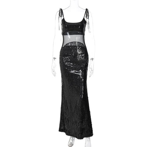 Load image into Gallery viewer, Sheer Mesh Spaghetti Strap Sexy Maxi Dress For Women Gown Glitter Sleeveless Backless High Waist Bodycon Club Dress
