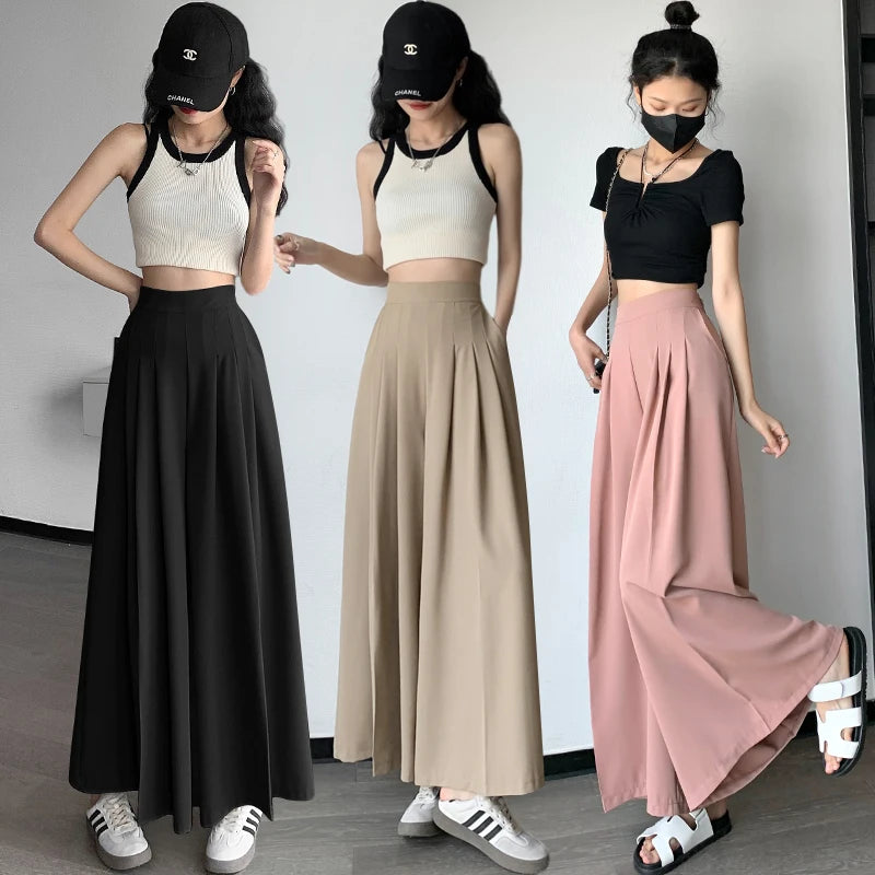Spring Summer New Korean Women Pink Black Holiday Pleated Trousers Brown High Waist Wide Leg Long Pant Casual Streetwear 