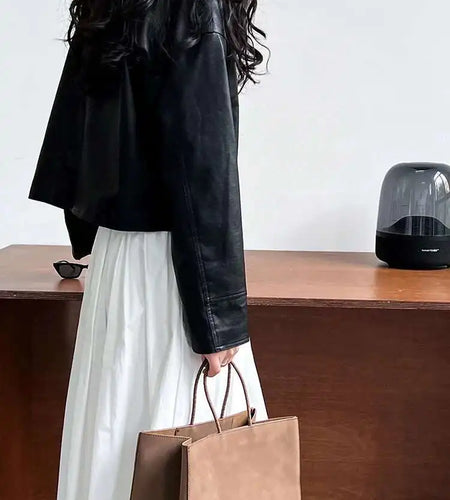 PU Leather Brown Big Size Casual Short Jacket New Lapel Long Sleeve Women Coat Fashion Tide Spring Autumn 2025 1DH6650