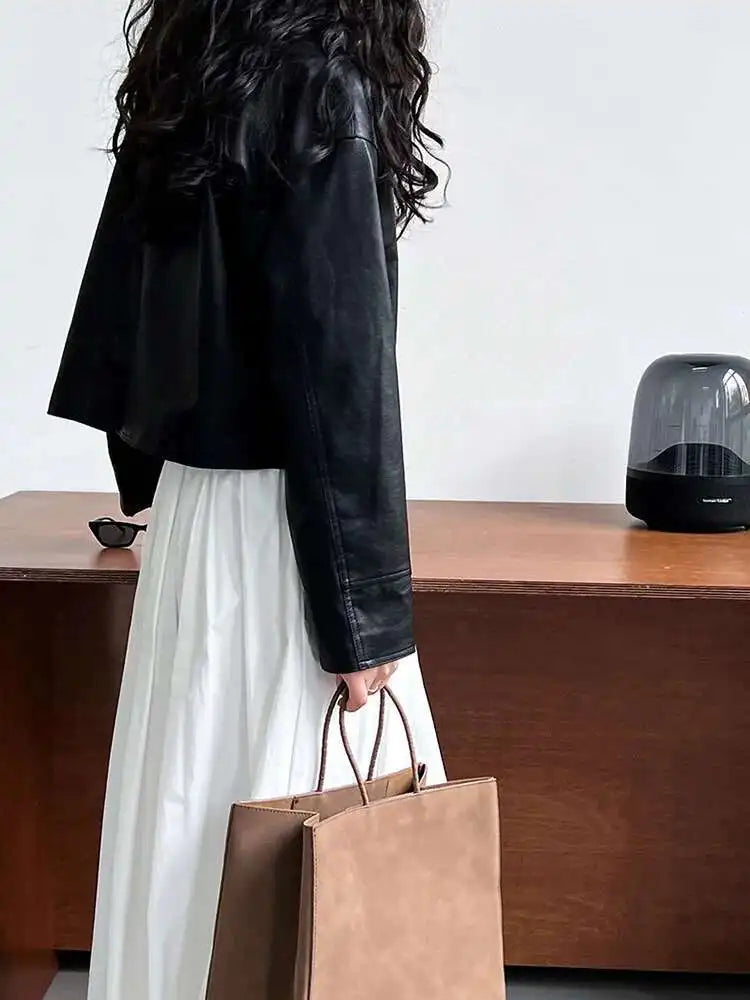 PU Leather Brown Big Size Casual Short Jacket New Lapel Long Sleeve Women Coat Fashion Tide Spring Autumn 2025 1DH6650