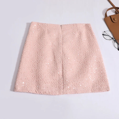 Load image into Gallery viewer, Summer Women Fashion Pink Sequin Temperament Wrapped Hip Short Skirt 2024 New Vintage Blakc Beige High Waist A Line Mini Skirts
