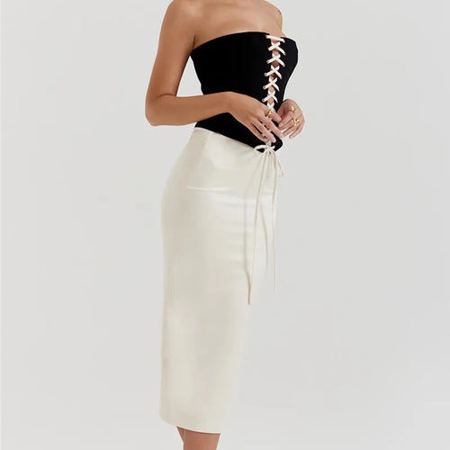 Load image into Gallery viewer, Elegant Sexy Skirt Two Piece Set Women Strapless Bandage Crop Top And Maxi Skirt Female Fashion Club Party Sexy Sets
