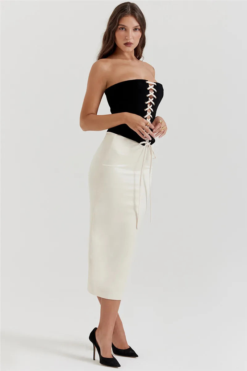 Elegant Sexy Skirt Two Piece Set Women Strapless Bandage Crop Top And Maxi Skirt Female Fashion Club Party Sexy Sets