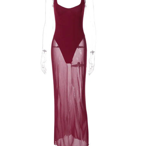 Load image into Gallery viewer, Mesh See Through Sexy Maxi Dress For Women Burgundy Spaghetti Strap Sleeveless Backless Elegant Club Party Long Dress
