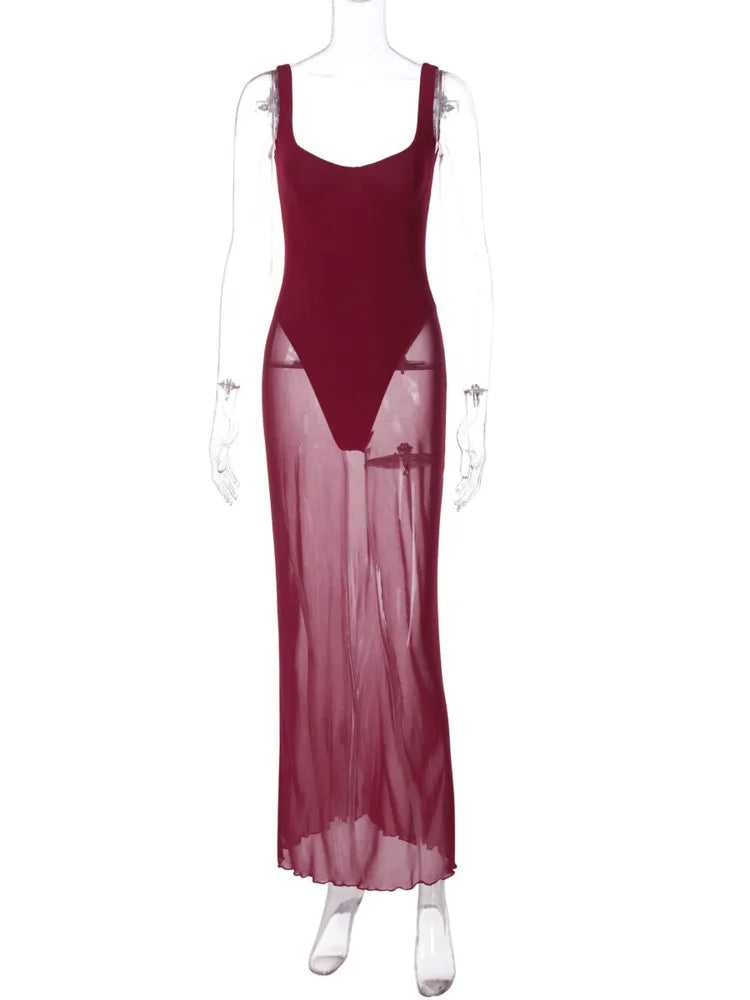 Mesh See Through Sexy Maxi Dress For Women Burgundy Spaghetti Strap Sleeveless Backless Elegant Club Party Long Dress