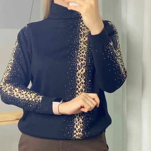 Load image into Gallery viewer, Rhinestones Leopard Turtleneck Sweaters Autumn Winter Wool Blend Bottoming Tops Long Sleeve Slim Female&#39;s Clothing B-011
