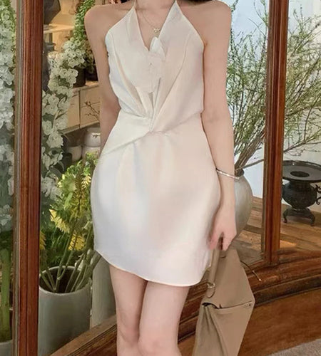 Solid Slimming Spliced 3D Flower Minimalist Dresses for Women Halter Sleeveless Patchwork Folds Dress Female New