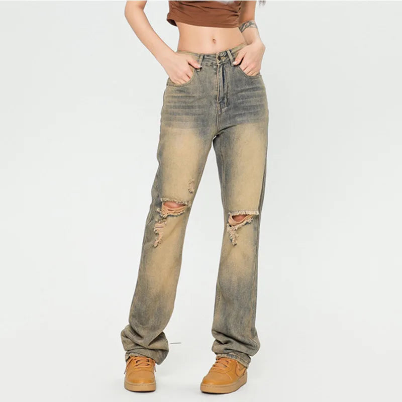 American Style Men's Jeans Printed Straight Wide Leg Hole Desing High Street Stylish Gradient Color Male Bottoms 9W1965