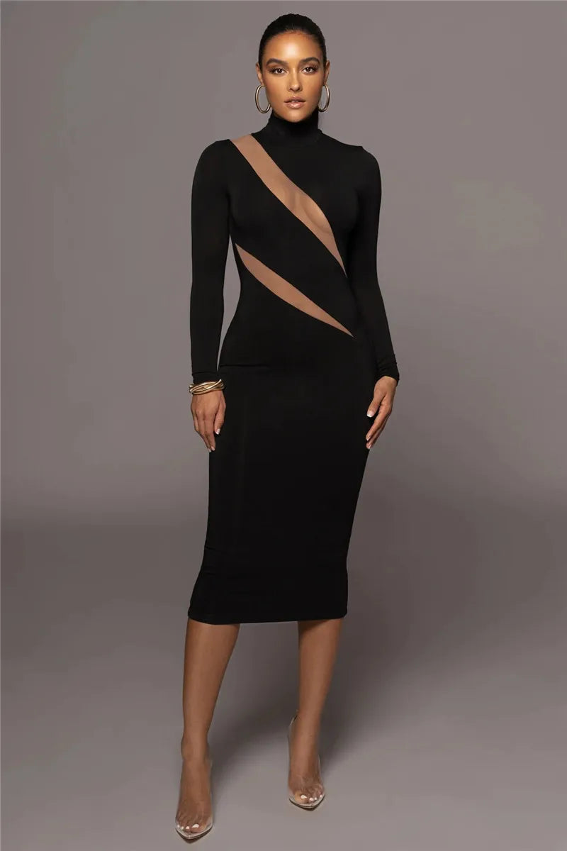 Elegant Long Sleeve Bodycon Sexy Maxi Dress For Women Autumn Winter Fashion Half High Collar Club Party Sexy Long Dress