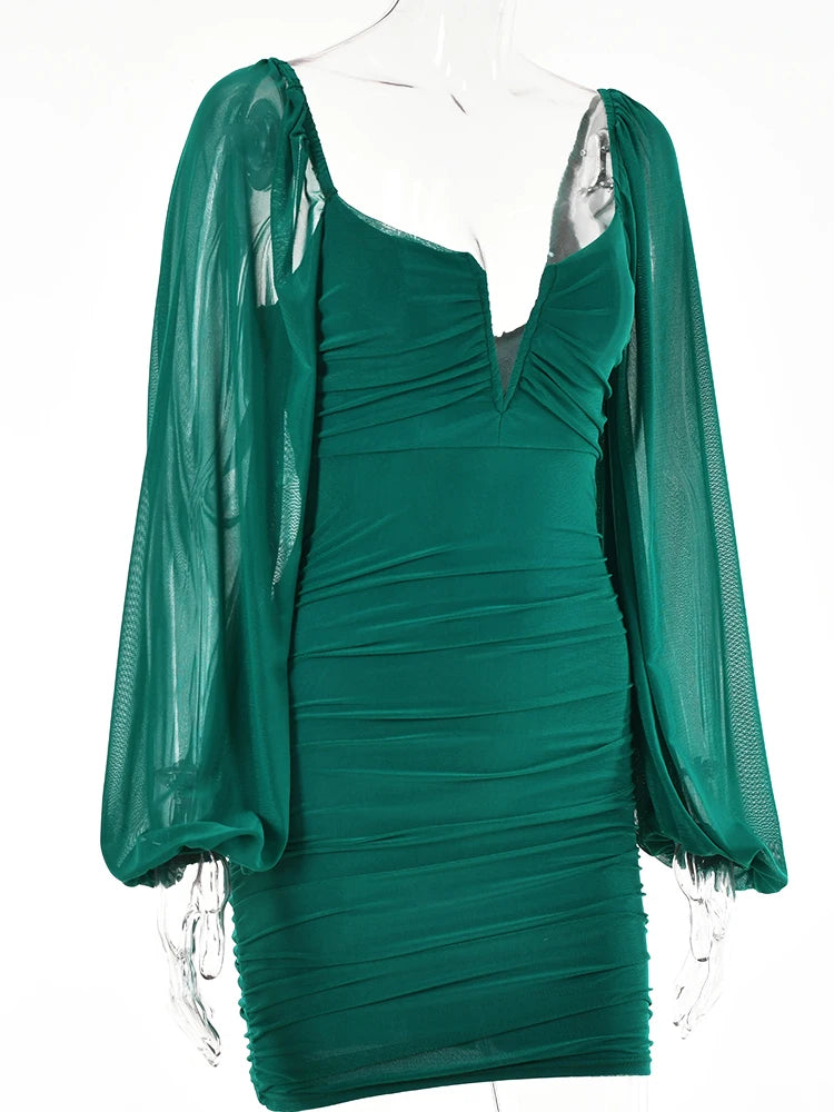 Backless Pleated Dress Women New Year 2022 Elegant Casual Solid Double Layer Mesh Mini Evening Dresses Female Clothing