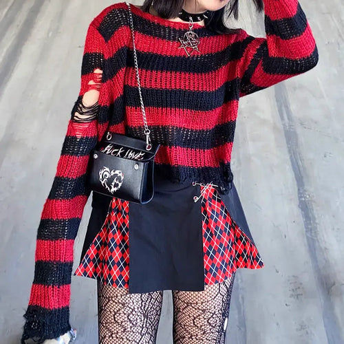 Load image into Gallery viewer, Striped Women's Crop Sweater Punk Streetwear Korean Style Hole Thin Knitted  Gothic Long Sleeve Y2k Pullover
