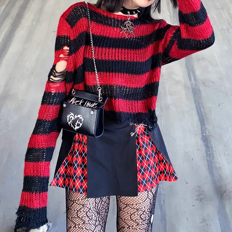 Striped Women's Crop Sweater Punk Streetwear Korean Style Hole Thin Knitted  Gothic Long Sleeve Y2k Pullover