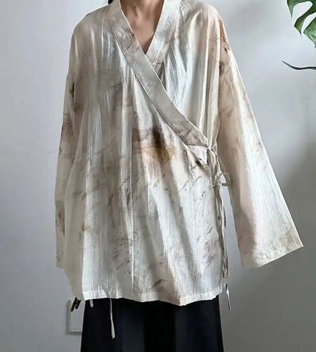 Women Apricot Printed Bandage Big Size Vintage Blouse New V-neck Long Sleeve Shirt Fashion Tide Spring Autumn 2025 1DJ0468