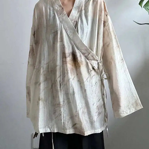 Load image into Gallery viewer, Women Apricot Printed Bandage Big Size Vintage Blouse New V-neck Long Sleeve Shirt Fashion Tide Spring Autumn 2025 1DJ0468
