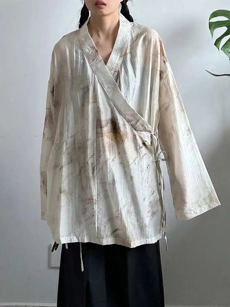 Women Apricot Printed Bandage Big Size Vintage Blouse New V-neck Long Sleeve Shirt Fashion Tide Spring Autumn 2025 1DJ0468