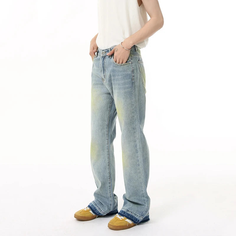 High Street Men's Jeans New American Style Vintage Tie Dye Design Micro Flared Male Washed Denim Jeans Summer 9W1841