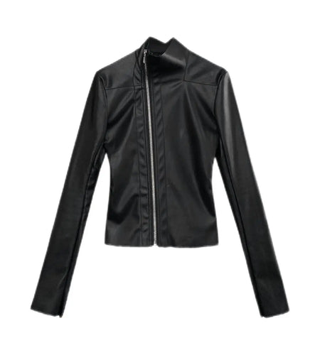 Streetwear Black Leather Coats 2024 Women's Clothing Stand Neck Zipper Slim Fit Outwear Y2k Tops Fashion Korean PU Jackets