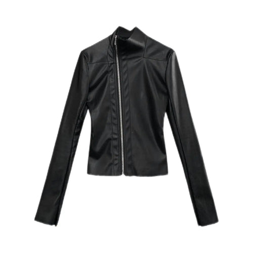 Load image into Gallery viewer, Streetwear Black Leather Coats 2024 Women's Clothing Stand Neck Zipper Slim Fit Outwear Y2k Tops Fashion Korean PU Jackets
