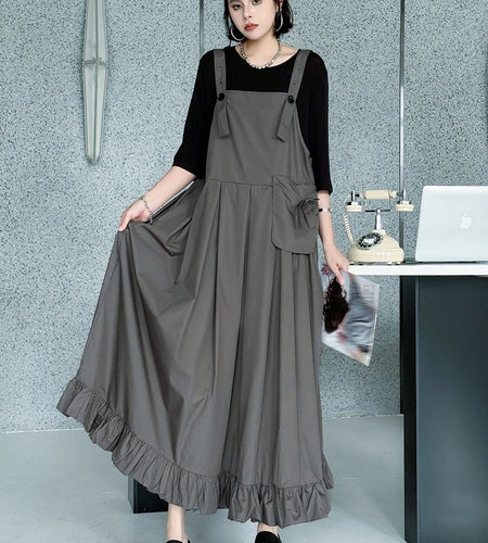 Women Black Ruffles Pocket Big Size Midi Strap Dress New Square Collar Sleeveless Fashion Tide Spring Autumn 2025 1DJ1158