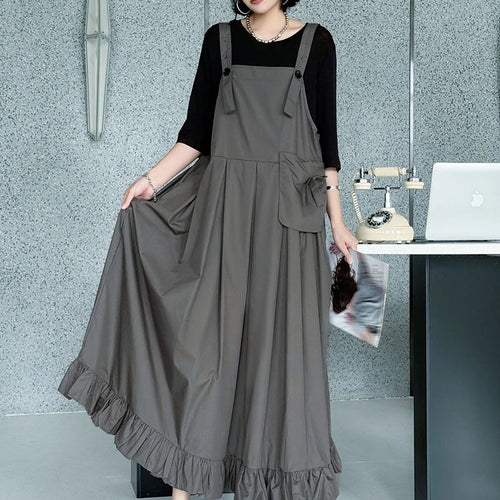 Load image into Gallery viewer, Women Black Ruffles Pocket Big Size Midi Strap Dress New Square Collar Sleeveless Fashion Tide Spring Autumn 2025 1DJ1158
