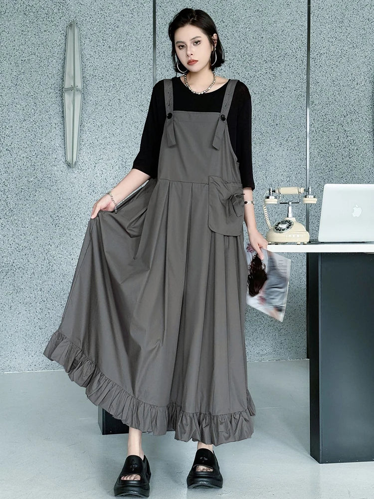 Women Black Ruffles Pocket Big Size Midi Strap Dress New Square Collar Sleeveless Fashion Tide Spring Autumn 2025 1DJ1158