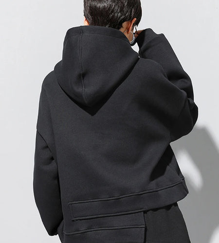 Black Irregular Hem Zipper Sweatshirt New Hooded Long Sleeve Women Big Size Fashion Tide Spring Autumn 2025 1DJ1788