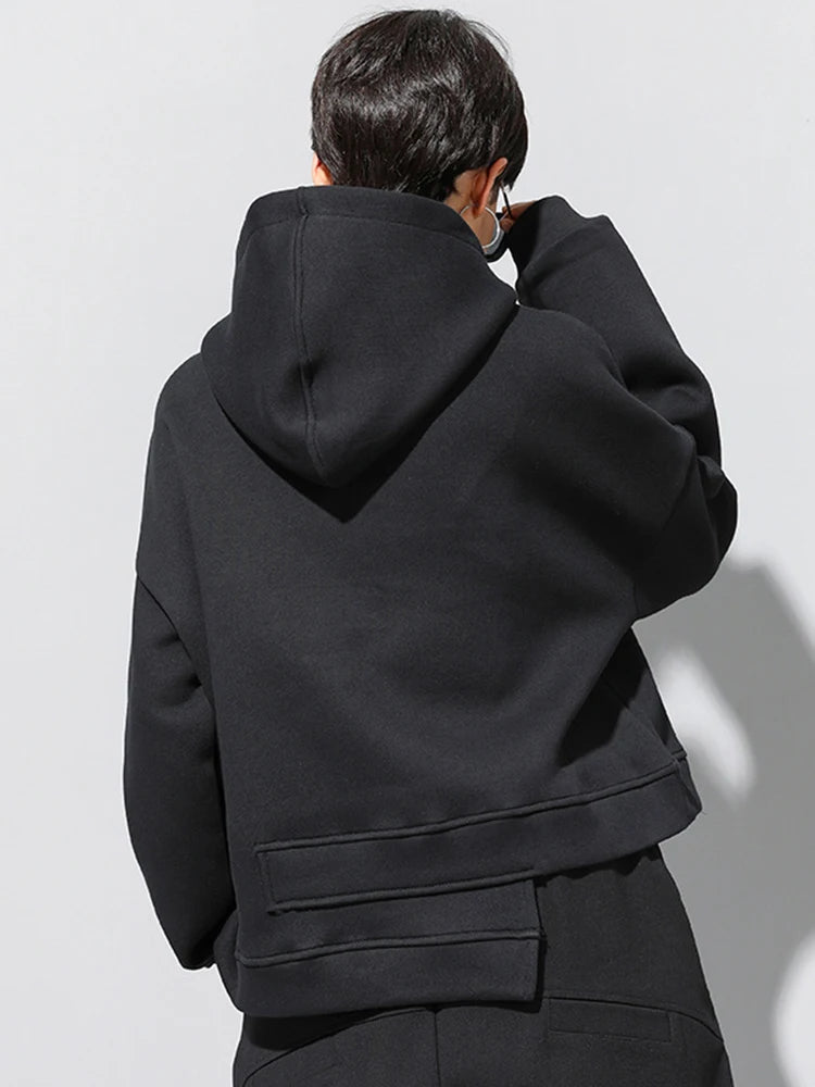 Black Irregular Hem Zipper Sweatshirt New Hooded Long Sleeve Women Big Size Fashion Tide Spring Autumn 2025 1DJ1788