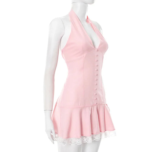 Load image into Gallery viewer, Halter Backless Sexy Mini Dress Women Robe Summer New Lace Patchwork Sleeveless V Neck High Waist Ruffled Dress 2025
