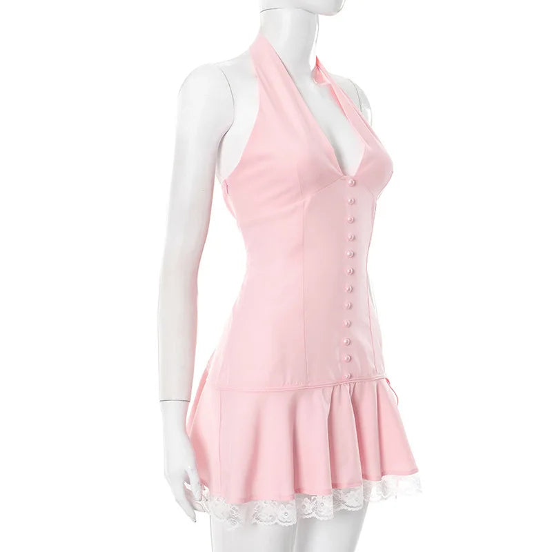 Halter Backless Sexy Mini Dress Women Robe Summer New Lace Patchwork Sleeveless V Neck High Waist Ruffled Dress 2025