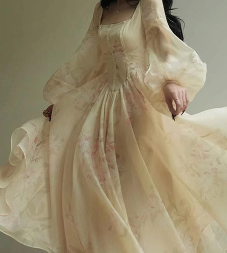 Hit Color Printing Slimming Dresses For Women Square Neck Long Sleeve High Waist Temperament Dres Female Fashion