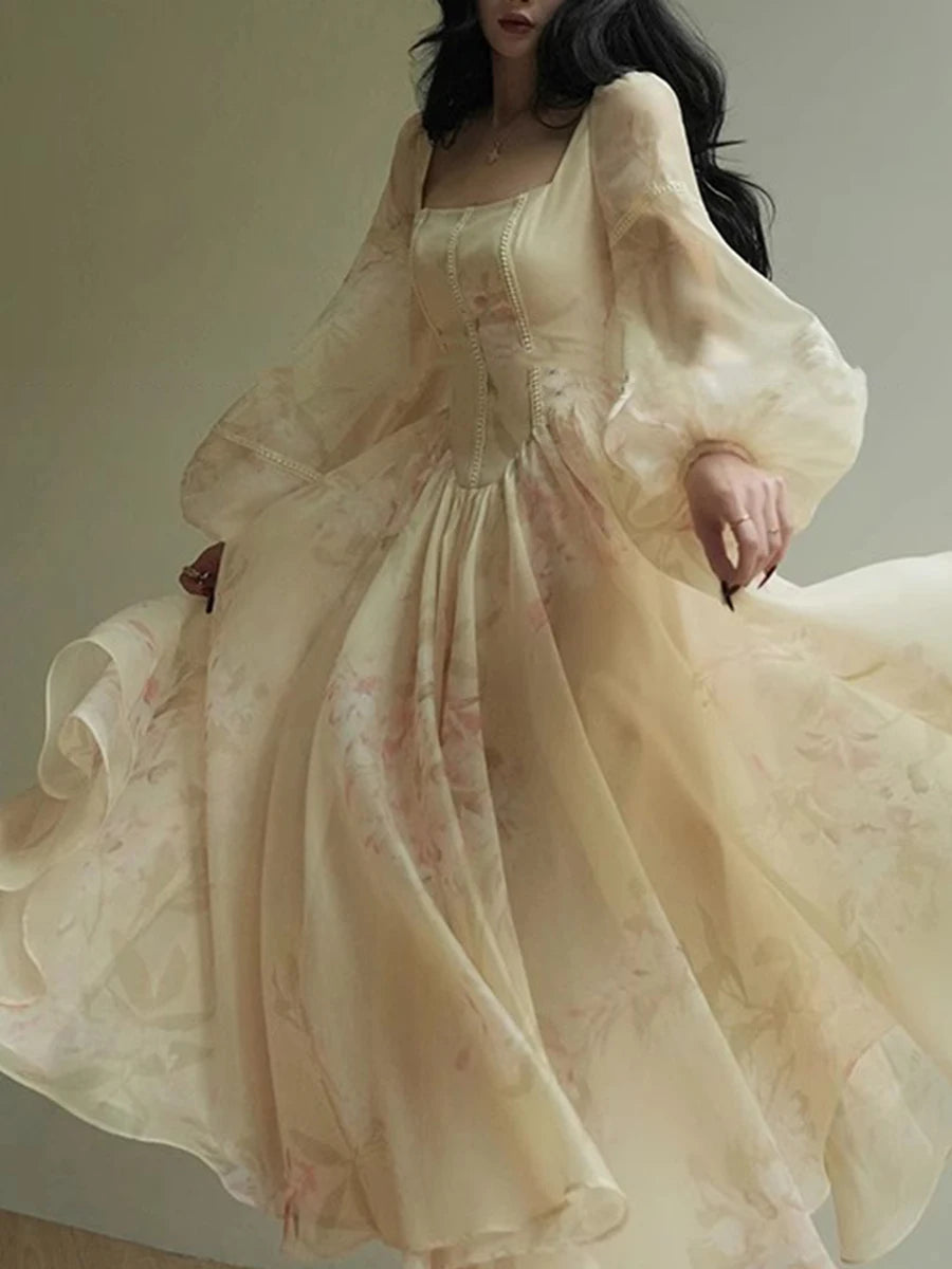 Hit Color Printing Slimming Dresses For Women Square Neck Long Sleeve High Waist Temperament Dres Female Fashion