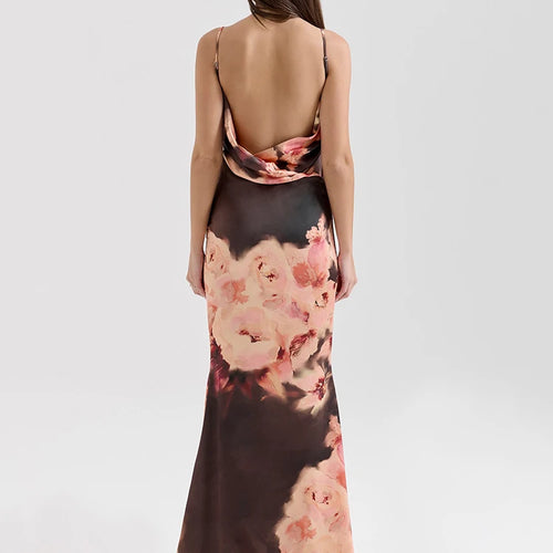 Load image into Gallery viewer, Satin Floral Print Sexy Maxi Dress Women Gown Elegant Spaghetti Strap Sleeveless Backless Bodycon Evening Club Dress
