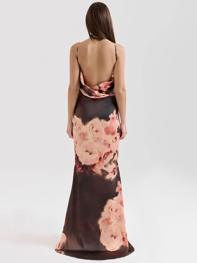 Satin Floral Print Sexy Maxi Dress Women Gown Elegant Spaghetti Strap Sleeveless Backless Bodycon Evening Club Dress
